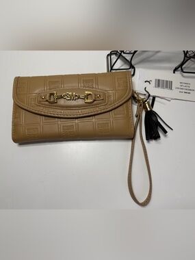 Steve Madden Tan Quilted Logo Wristlet with Tassel